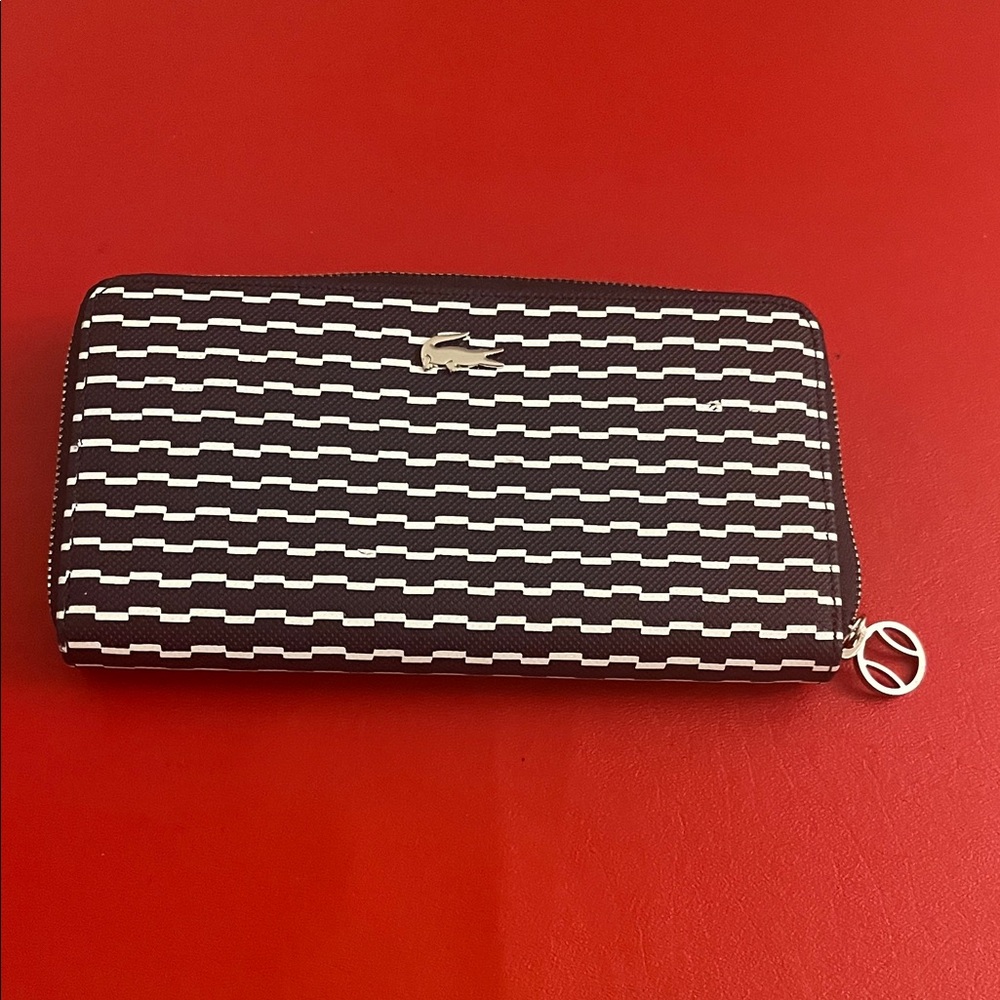 Lacoste Black and White Women’s Wallet, Wallet  (Wave Peacoat White),  7.5”L 4”H